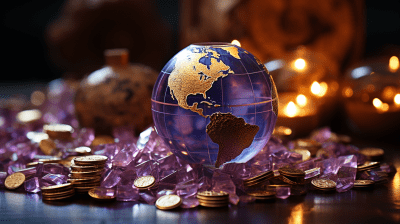 Colorful illustration of planet Earth with purple hues and tokens