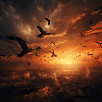 Breathtaking storks flying at sunset in a photorealistic image