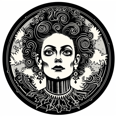 Cartoonish Bride of Frankenstein in circular woodcut style