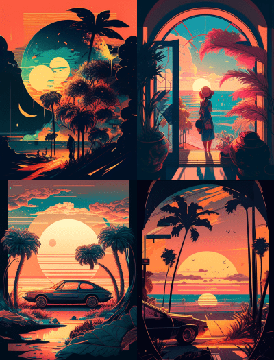 Psychedelic beach scene with palm trees, bridge, and anime elements