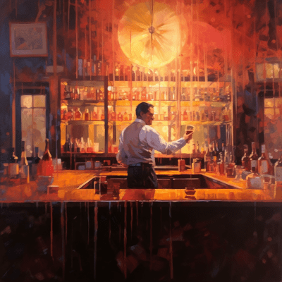 Bartender preparing a red martini in an elegant, warmly lit bar