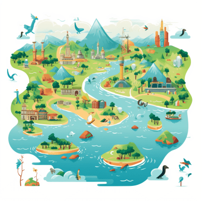 Playful Disney-style map of Brazil with landmarks and rainforest