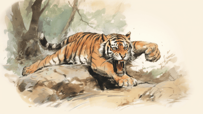 Angry tigress pouncing on soldier in Picasso-style forest sketch