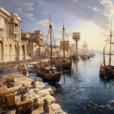 Ancient ships docked in a peaceful Carthaginian harbor