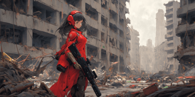 Elven woman in red mech armor with laser rifle in a ruined city