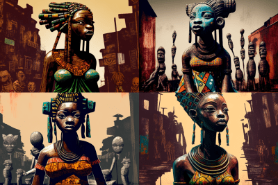 African woman as world center with primitive art sculptures