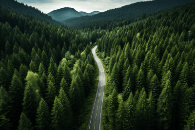 Aerial view of an old-growth fir forest with a winding road
