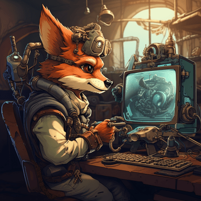 Whimsical steampunk fox playing video games in a fantasy world