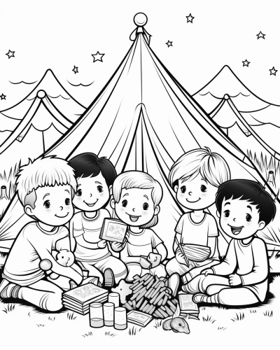 Kids and pets around a bonfire in a backyard coloring page