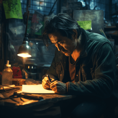 Older Japanese man with long hair writing in a neon-lit cluttered room
