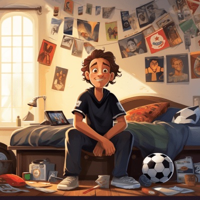 Colorful children’s book illustration of a soccer fan’s bedroom