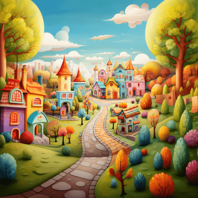 Whimsical colorful village illustration by Ciska for kids