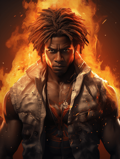 Ultra-detailed digital painting of Tekken’s Eddy Gordo with fiery hair