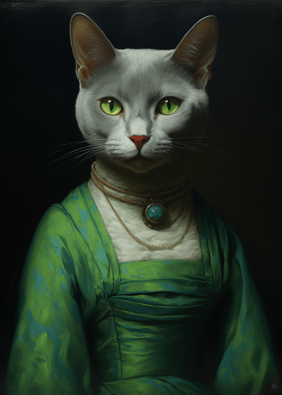 European-style painting of a Russian Blue cat with striking green eyes