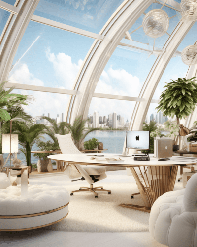 Luxury coconut office interior with large windows and white decor