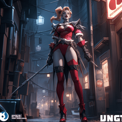 Artistic Harley Quinn-like character posing in a neon-lit city at night