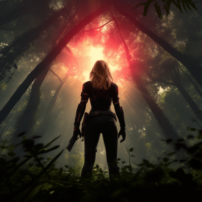 Blonde female hunter in black attire under spaceship in forest