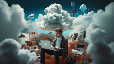 Engineer with cloud computing icons in a photorealistic gritty style