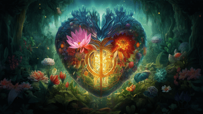 Crystal human heart in a mystical jungle with plants and flowers