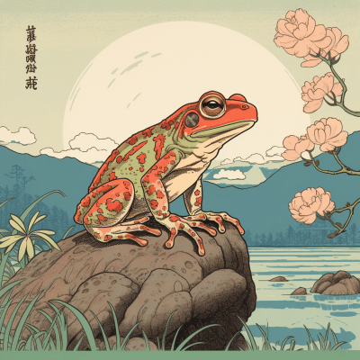 Ukiyo-e style illustration of a frog with subtle color variations