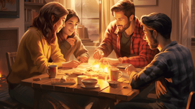 Young adults playing board games by a fire in a hyperrealistic artwork