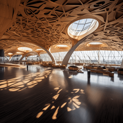 Wooden airport with trapezoidal shape and mitered design featuring screens