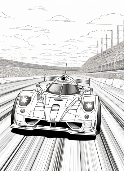 Black and white kids coloring page with a racing car on a track