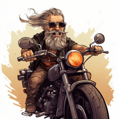 Whimsical artwork of bearded man with ponytail on an adventure motorcycle