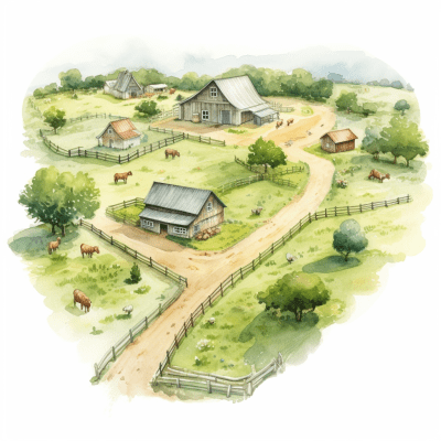 Bird’s eye view of a quaint, empty farm in a children’s book style