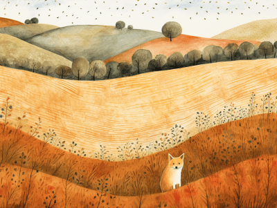 Top view illustration of a corgi walking in a textured field