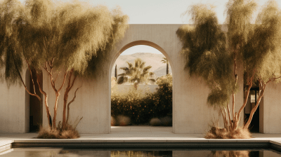 Photorealistic minimalistic midcentury arch with trees