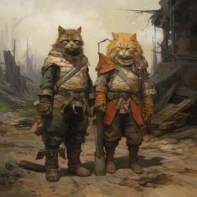 Oil painting of a dwarf and tabaxi in leather armor in a dead forest