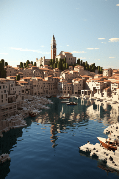 Minecraft-inspired pixelated view of the scenic town Rovinj