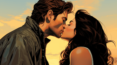 Romantic comic book style illustration of couple kissing