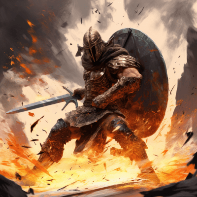 Armored warrior blocking arrows amid flames in a dynamic pose