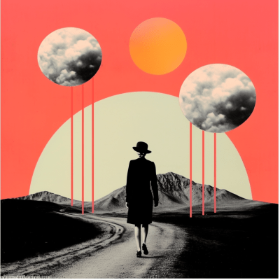 Minimalist retro art collage with surreal elements and neon fog