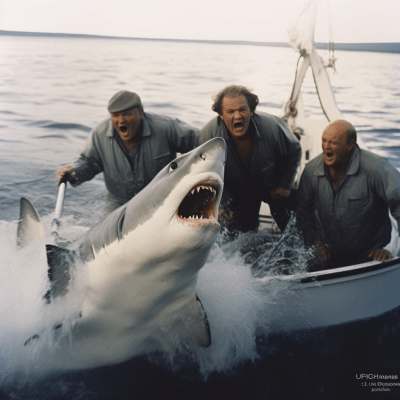 Thrilling scene with the Three Stooges and a Great White Shark