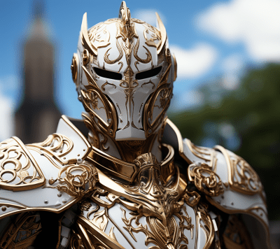 High class knight in action with dark gold and white armor