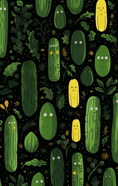 Whimsical organic cucumber pattern in a playful Studio Ghibli style