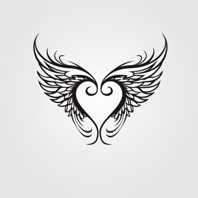 Black and white stenciled heart with wings line art
