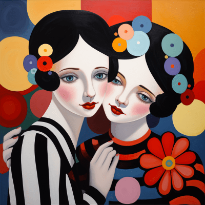 Melancholic Pierrot mother and daughter sharing a passionate kiss