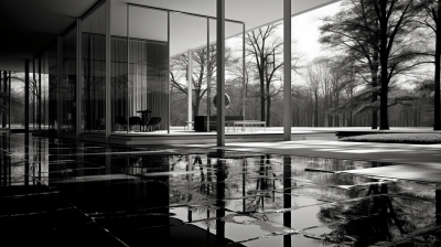 Modern house by Mies van der Rohe with glass, mirrors, and grid columns