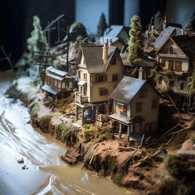 Illustration of flooded village post Dollhouse Town Dam collapse