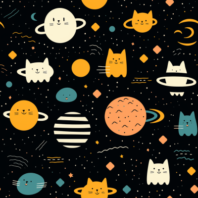 Line art style image with cats, moons, and planets in a tile composition