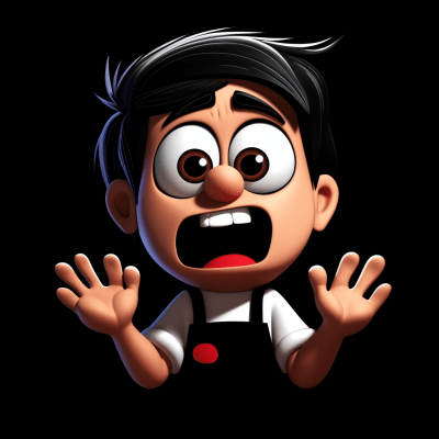 Pixar-style happy character apologizing on a colorful black background