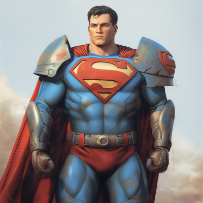 Superman in Blue and Red Powered Armor