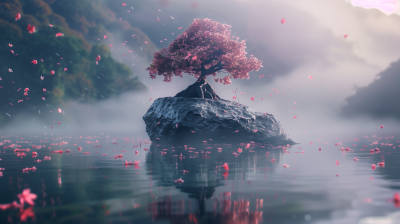 Shimmering Lake with Sakura Bonsai Tree