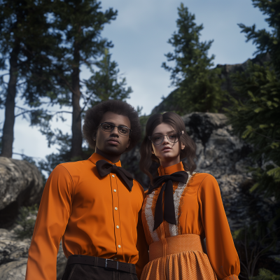 Loving Couple in Orange Outfits in Forest