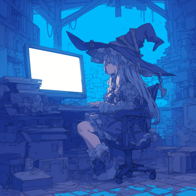 Renaissance Style Wizard Girl Coding in Electric Light Environment