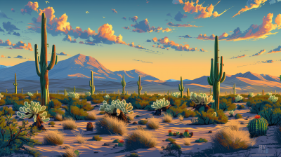 Desert Scene with Cactus Trees